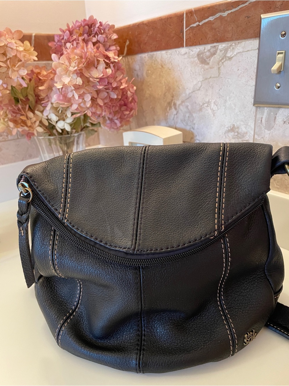 The Sak Black Leather Shoulder or Crossbody Bag with Contrast Stitching